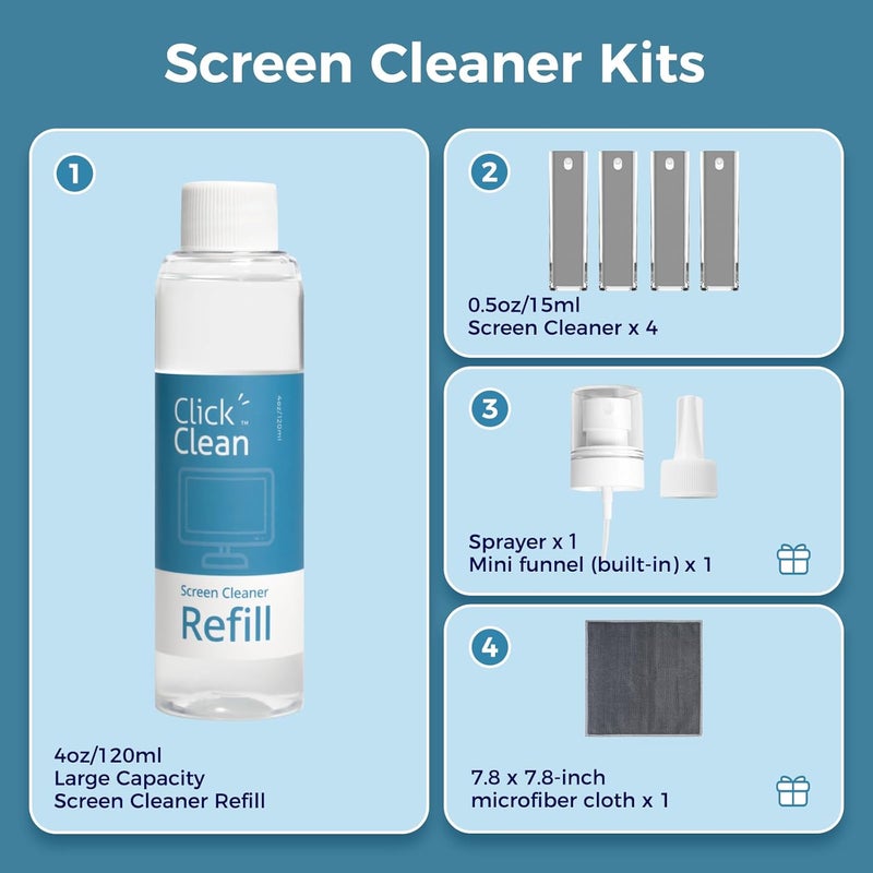 CLICK CLEAN Screen Cleaner Kits - 4 All-in-One Screen Cleaner with 4 oz Cleaner Refill, 1 Microfiber Cloth(7.8 x 7.8in), 1 Mini Refill Funnel, and 1 Sprayer - for All Phones, Laptop and Tablet Screens - Image 4